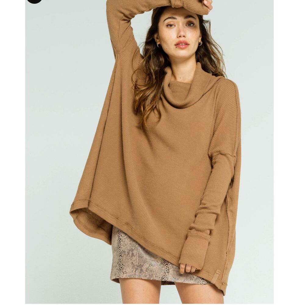 FREE PEOPLE Thermal Cozy Long Sleeve Mock Neck Womens Brown Top XS